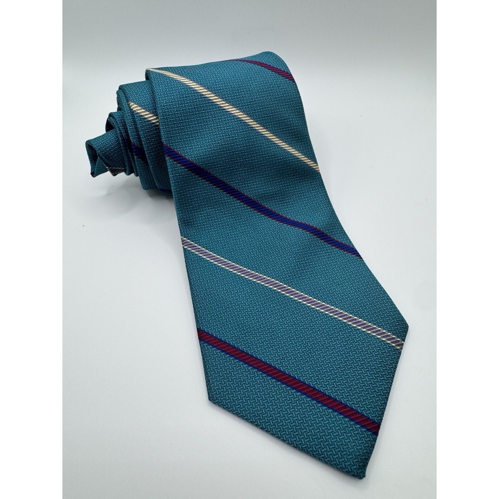 Calvin Klein Silk Tie Teal Blue Striped Classic Necktie Made in USA Italy Fabric